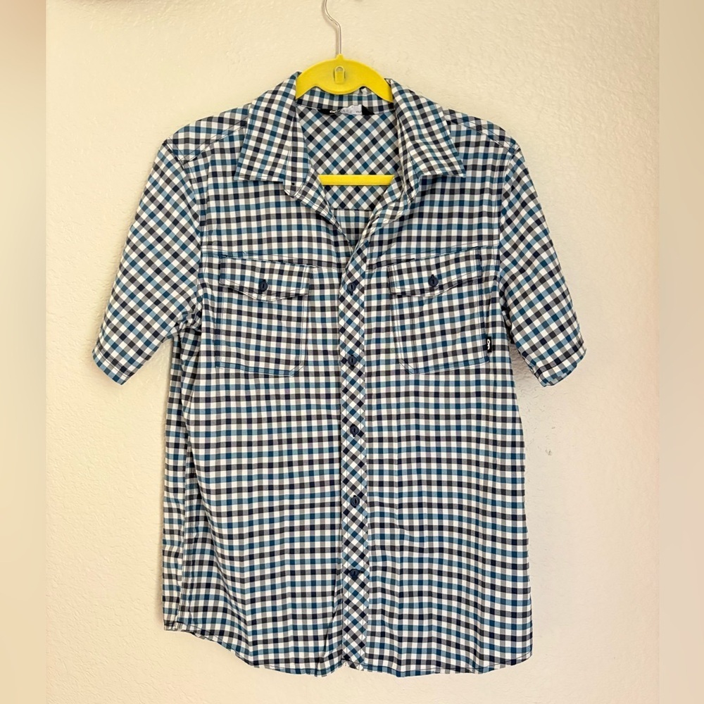 Outdoor Research Men’s Wanderer Short Sleeve Seersucker Blue Button Shirt Med